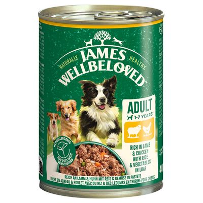 James Wellbeloved Adult 1–7 ans, riche en agneau et poulet avec riz et légumes en terrine, boîte pour chiens. Texte visible : hypoallergenic for pets with sensitivities.
